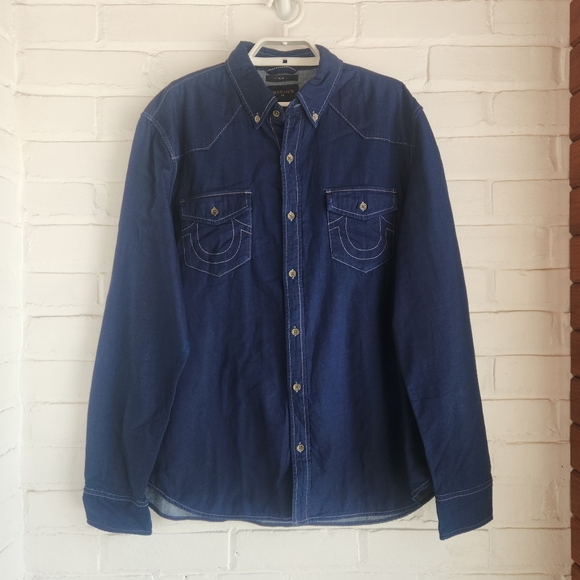 True Religion Mens Blue Western Shirt Button Down Slim Fit Cotton Size Large - Picture 2 of 8